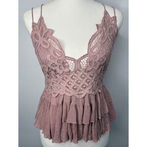 Free People FP One Top Womens L Pink Lace Crochet Peplum Cami Boho Strappy